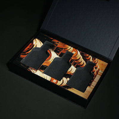 Custom Three Bottles Gift Box Set Matte Black Luxury Cardboard Flip Foldable Wine Packaging Rigid Box