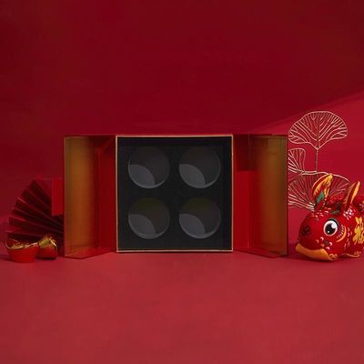 Red Double Door Gift Box With Velvet Tray For New Year Rigid Paper Clamshell Packaging