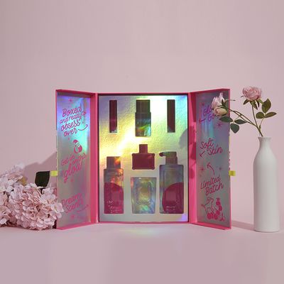 Double Door Rigid Luxury Perfume Set Gift Box Packaging Shiny Rainbow Laser Color
