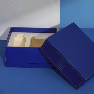 Recyclable Luxury Blue Paper Shoulder Rigid Wine Packing Gift Box EVA Insert Hot Stamping