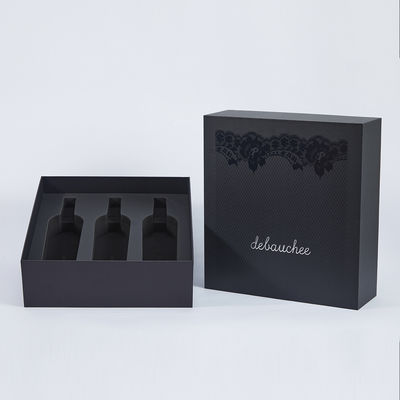 Custom Rigid Cardboard Three Bottle Gift Box Packaging Black Soft Touch Silver Letters EVA Insert