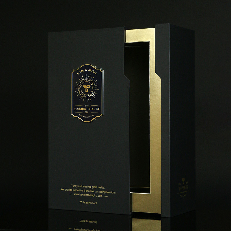 Custom Luxury Wine Packaging Pull-out Box Matte Black Pull Out Drawer Metal Label Premium Packaging