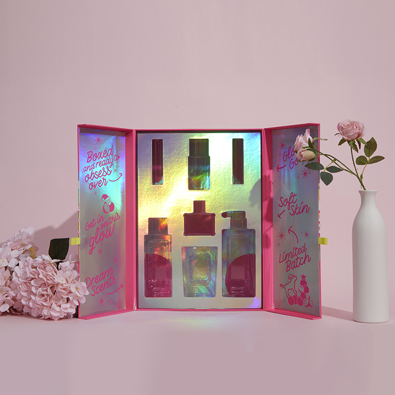 Double Door Rigid Luxury Perfume Set Gift Box Packaging Shiny Rainbow Laser Color
